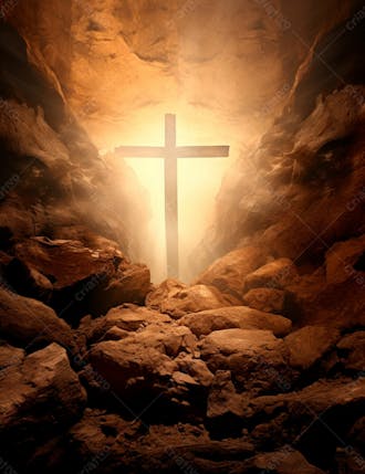 Uma cruz em uma caverna com um por do sol ao fundo 27