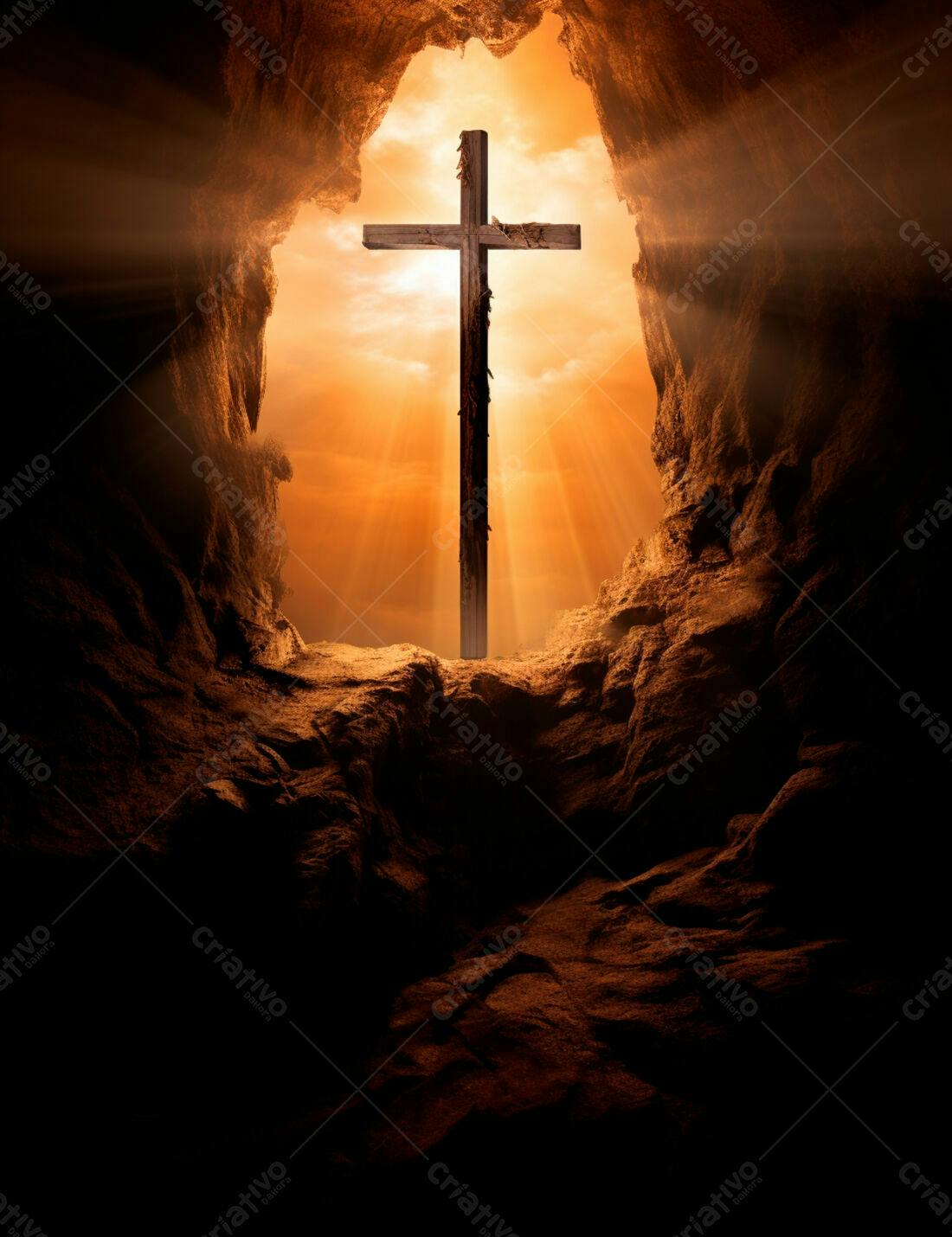 Cruz de madeira em caverna iluminada