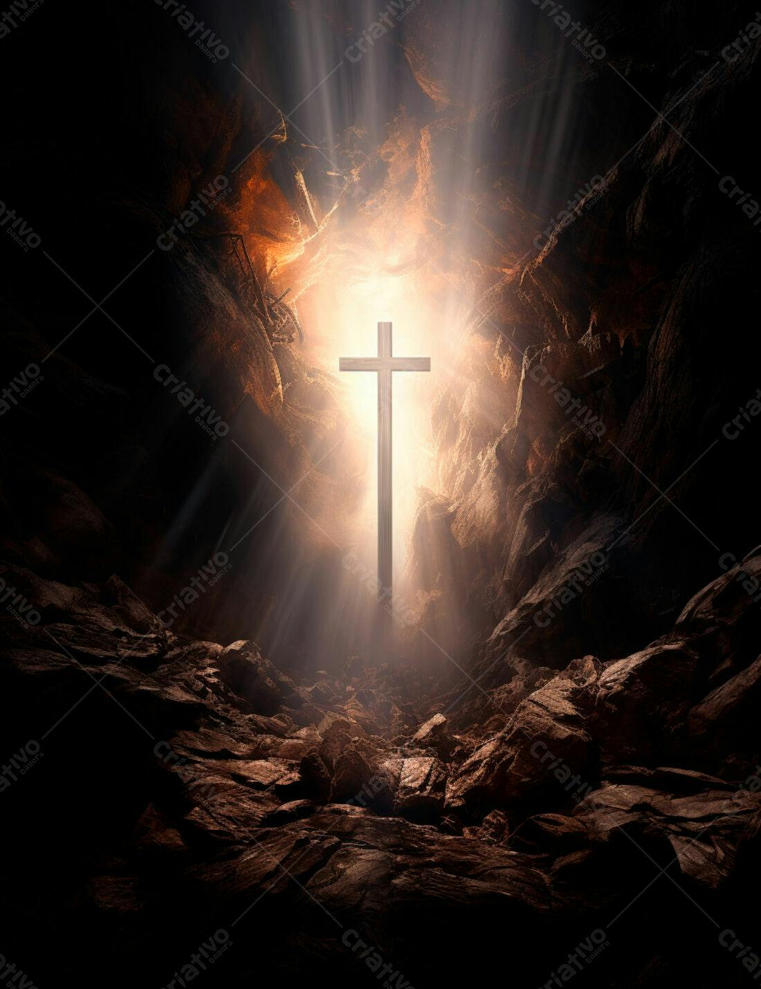 Cruz de madeira em caverna iluminada