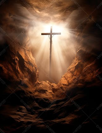 Uma cruz em uma caverna com um por do sol ao fundo 32