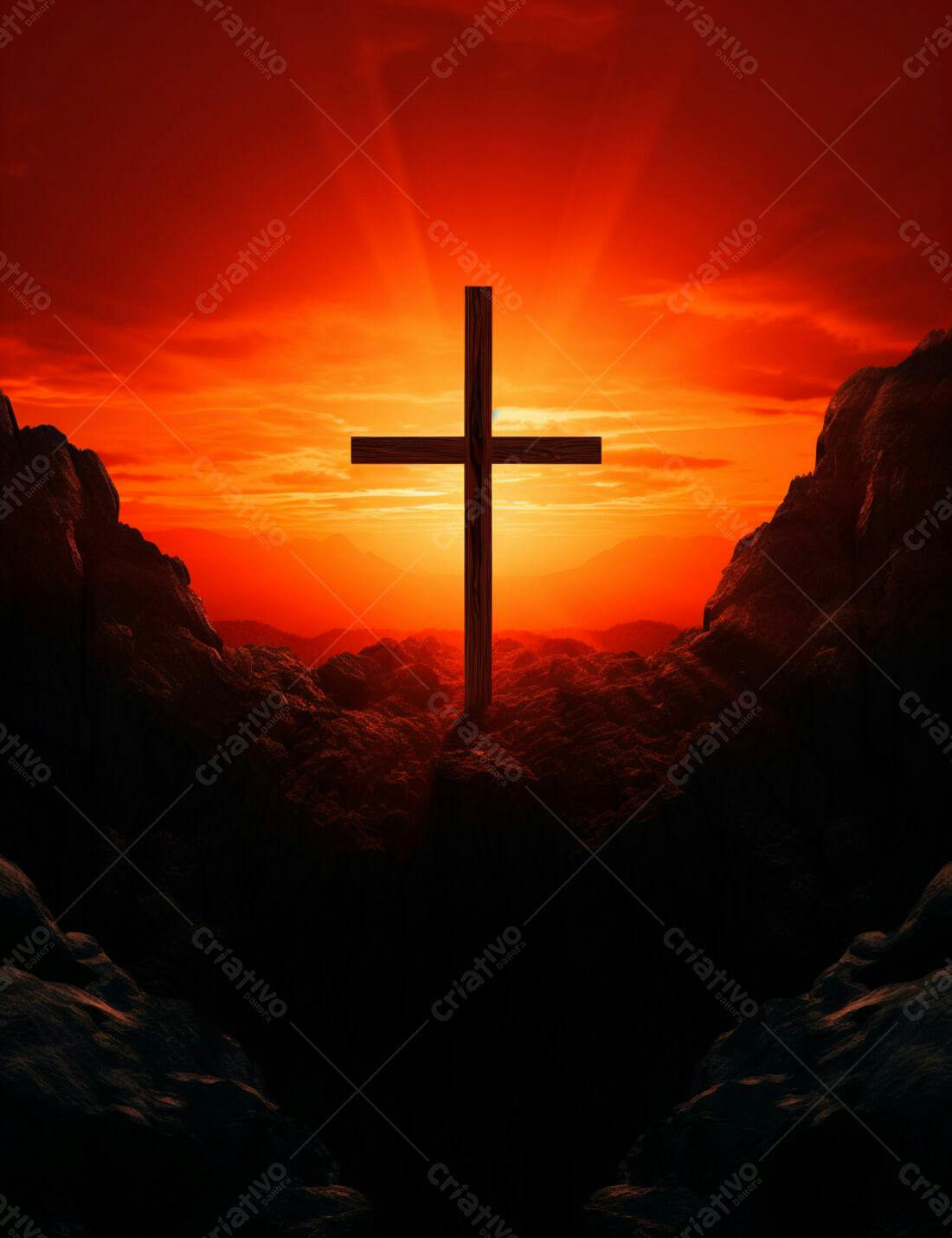 Cruz em paisagem de pôr do sol vermelho