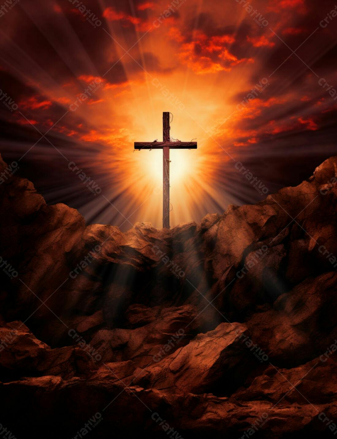 Cruz de madeira em cenário rochoso ao pôr do sol