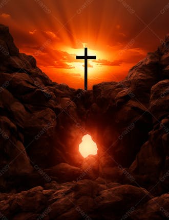 Uma cruz em uma caverna com um por do sol ao fundo 35