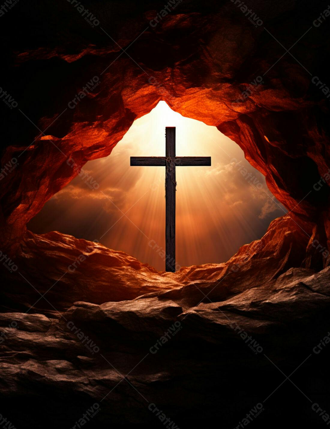 Cruz em caverna iluminada ao amanhecer