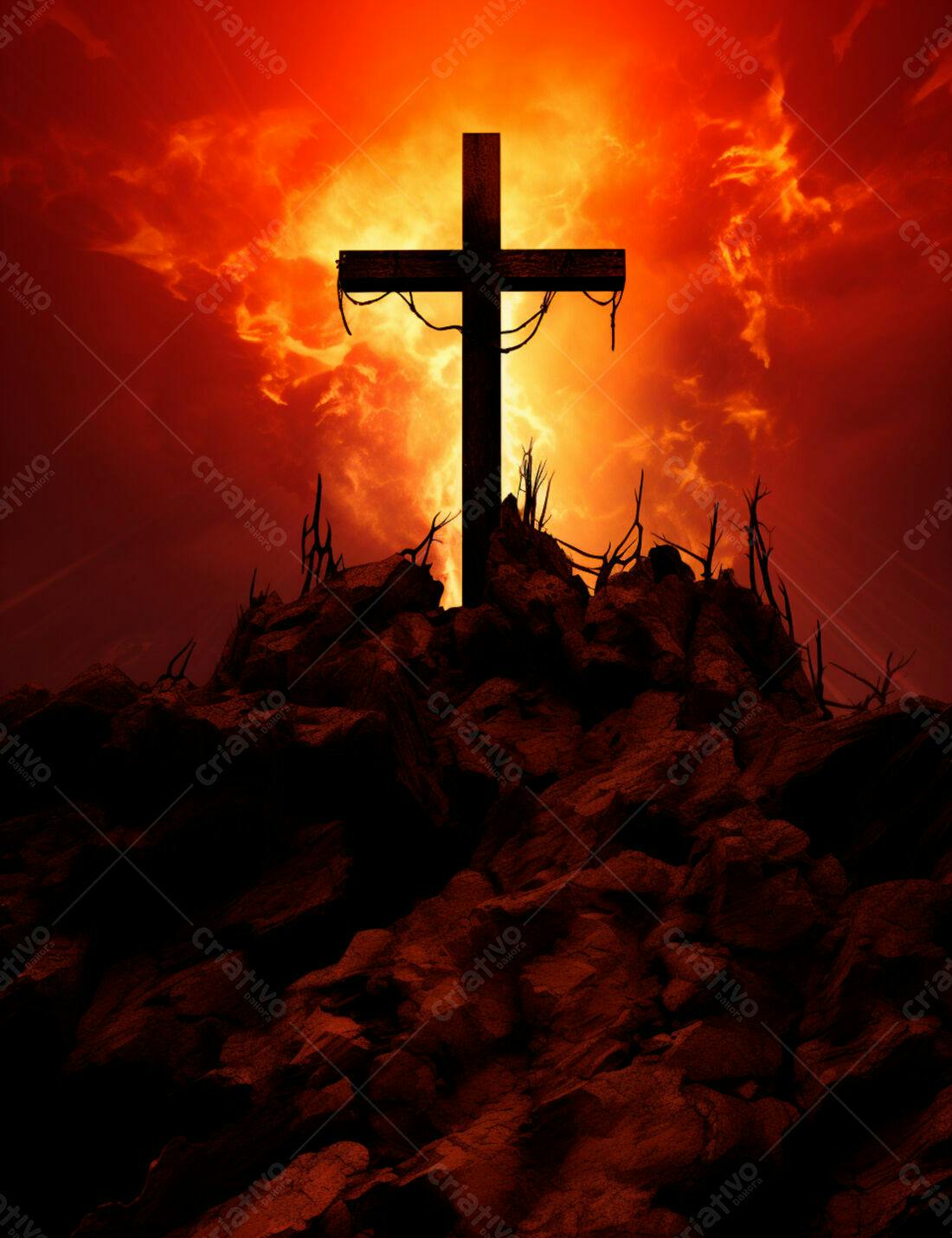 Cruz de madeira em montanha rochosa ao entardecer