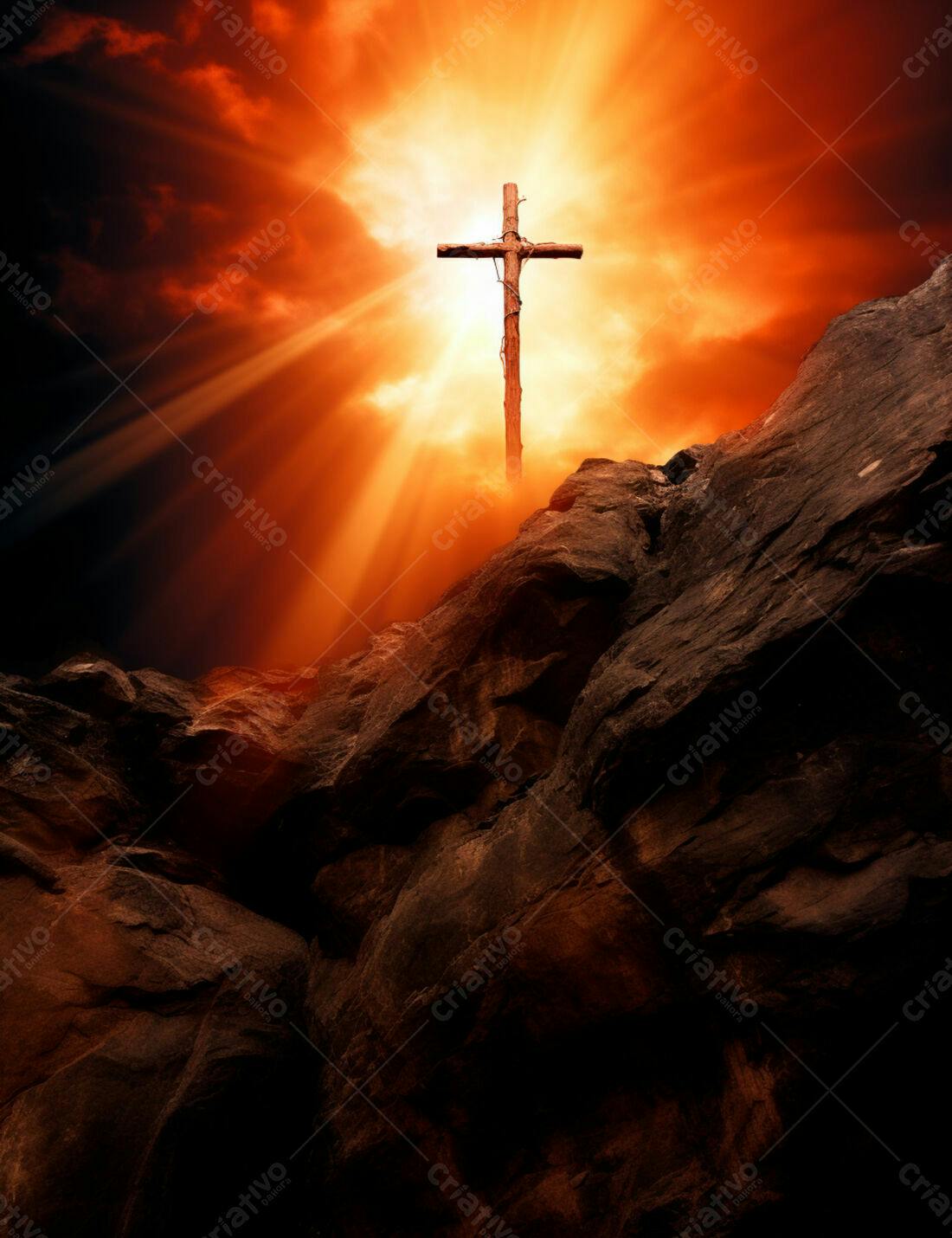 Cruz de madeira em montanha ao entardecer