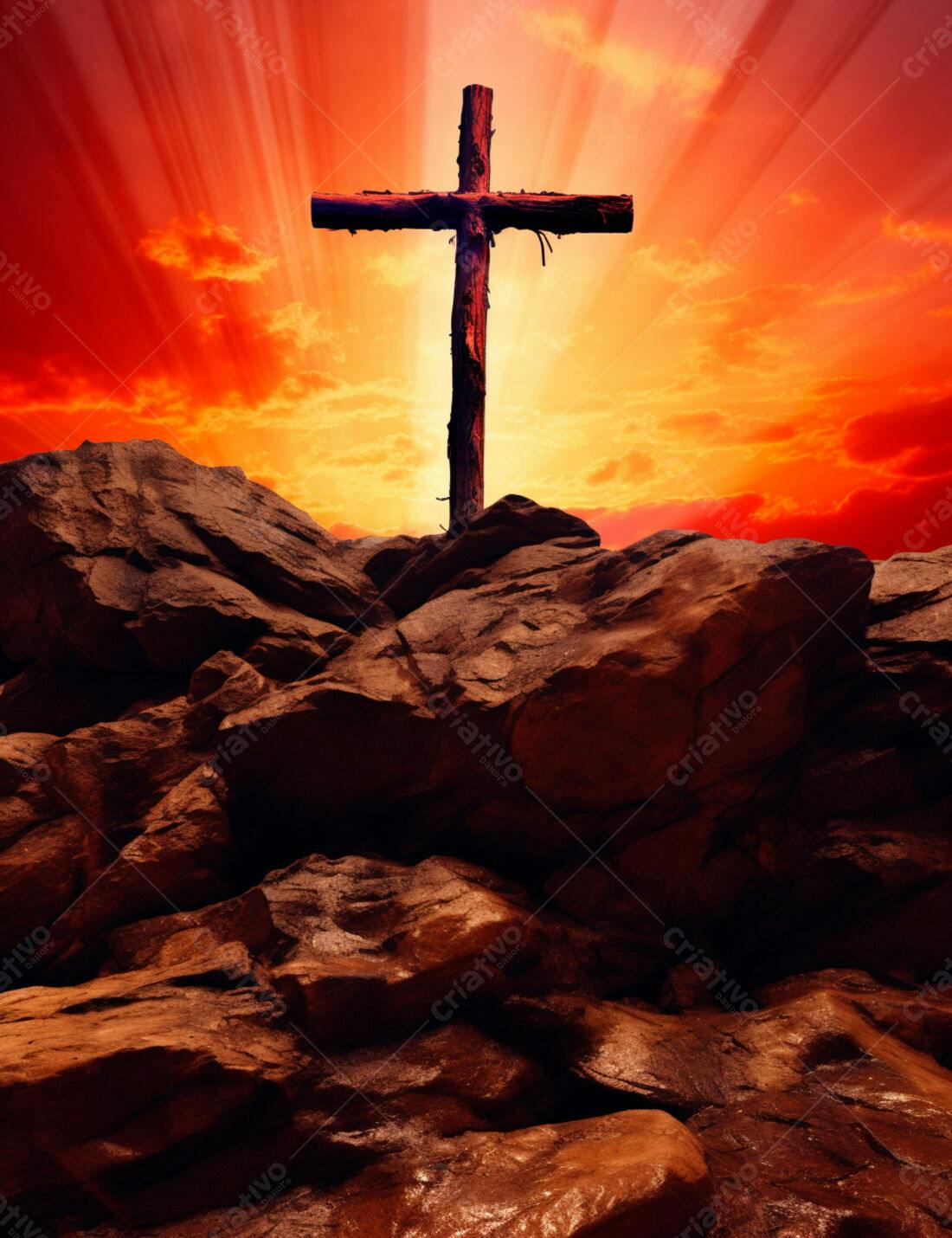 Cruz de madeira em penhascos ao entardecer