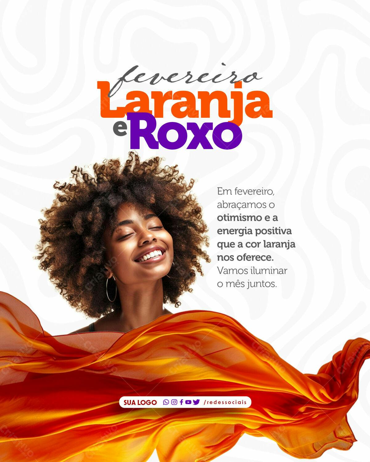 Flyer Fevereiro Laranja e Roxo PSD Editável