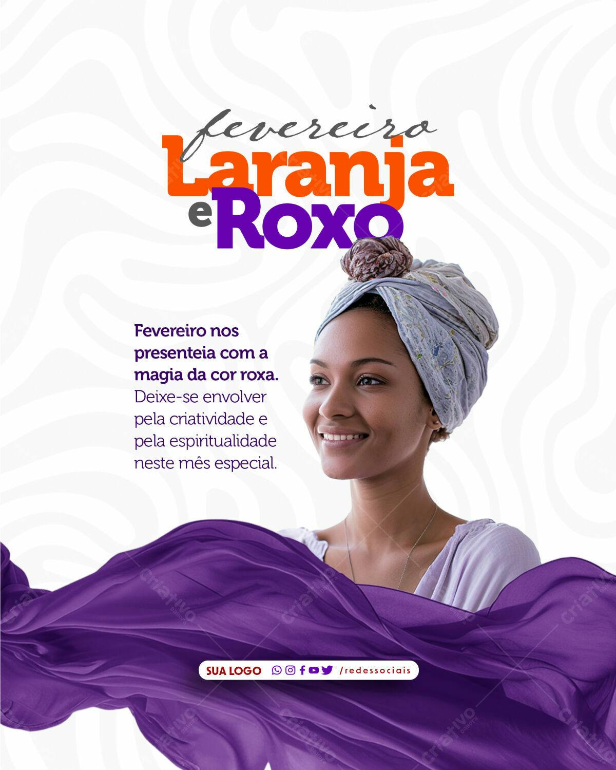 Flyer Fevereiro Laranja e Roxo PSD Editável