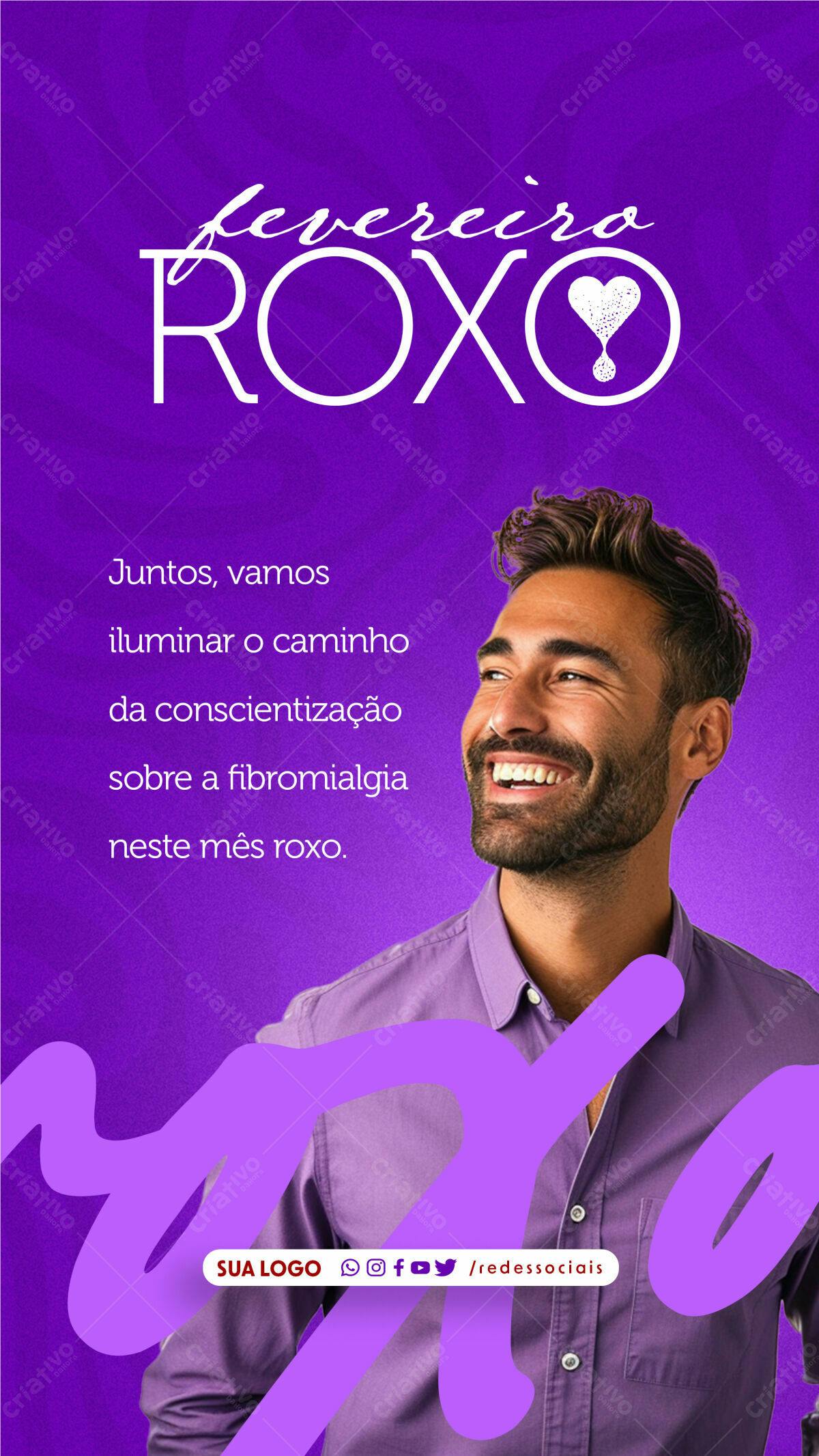 Flyer Fevereiro Roxo Fibromialgia PSD Editável