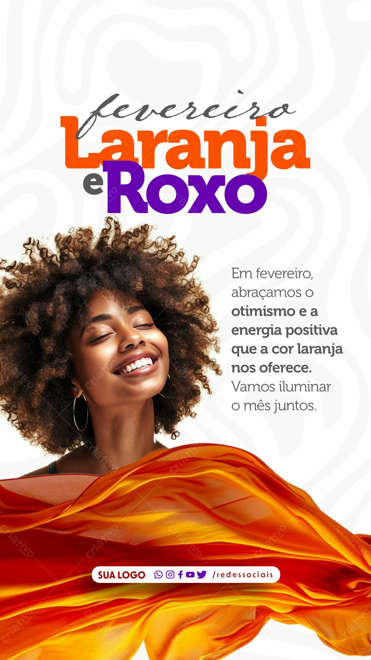 Flyer Fevereiro Laranja e Roxo PSD Editável