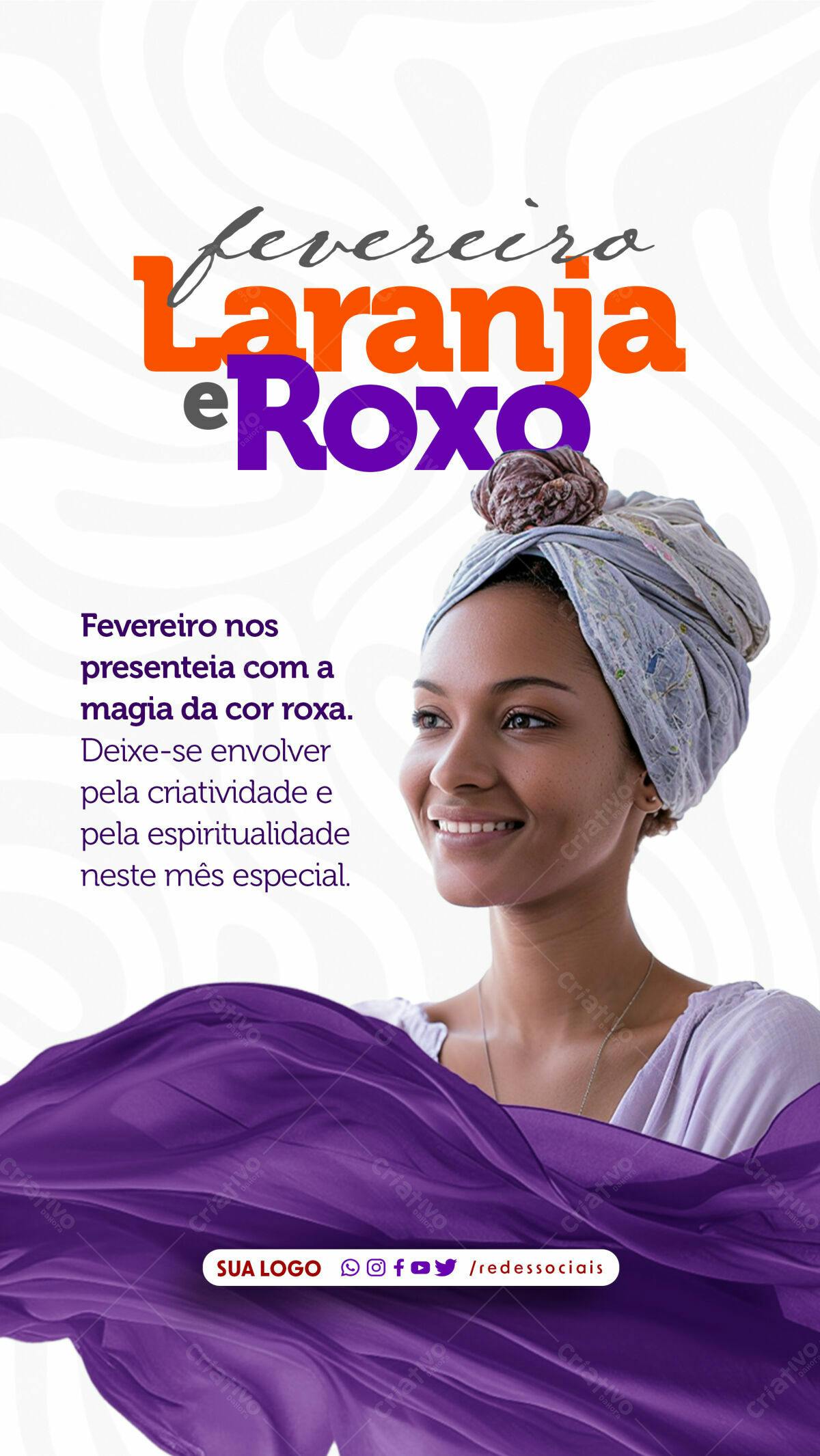Post para Redes Sociais Fevereiro Laranja e Roxo PSD Editável