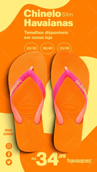 Story chinelo modelo slim havaianas laranja feminino loja de chinelos social media psd editável