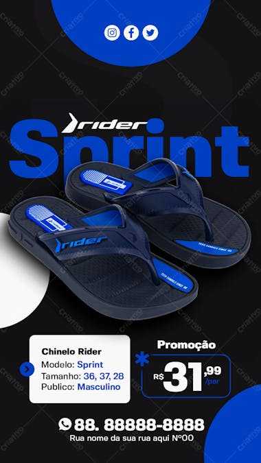 Story chinelo rider sprint cor azul masculino loja de chinelos social media psd editável