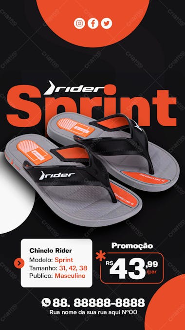 Story chinelo rider sprint cor laranja masculino loja de chinelos social media psd editável