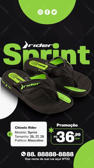 Story chinelo rider sprint cor verde masculino loja de chinelos social media psd editável