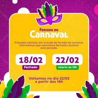 Horário de funcionamento feriado carnaval psd editável