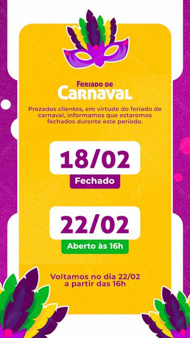 Stories horário de funcionamento feriado carnaval psd editável