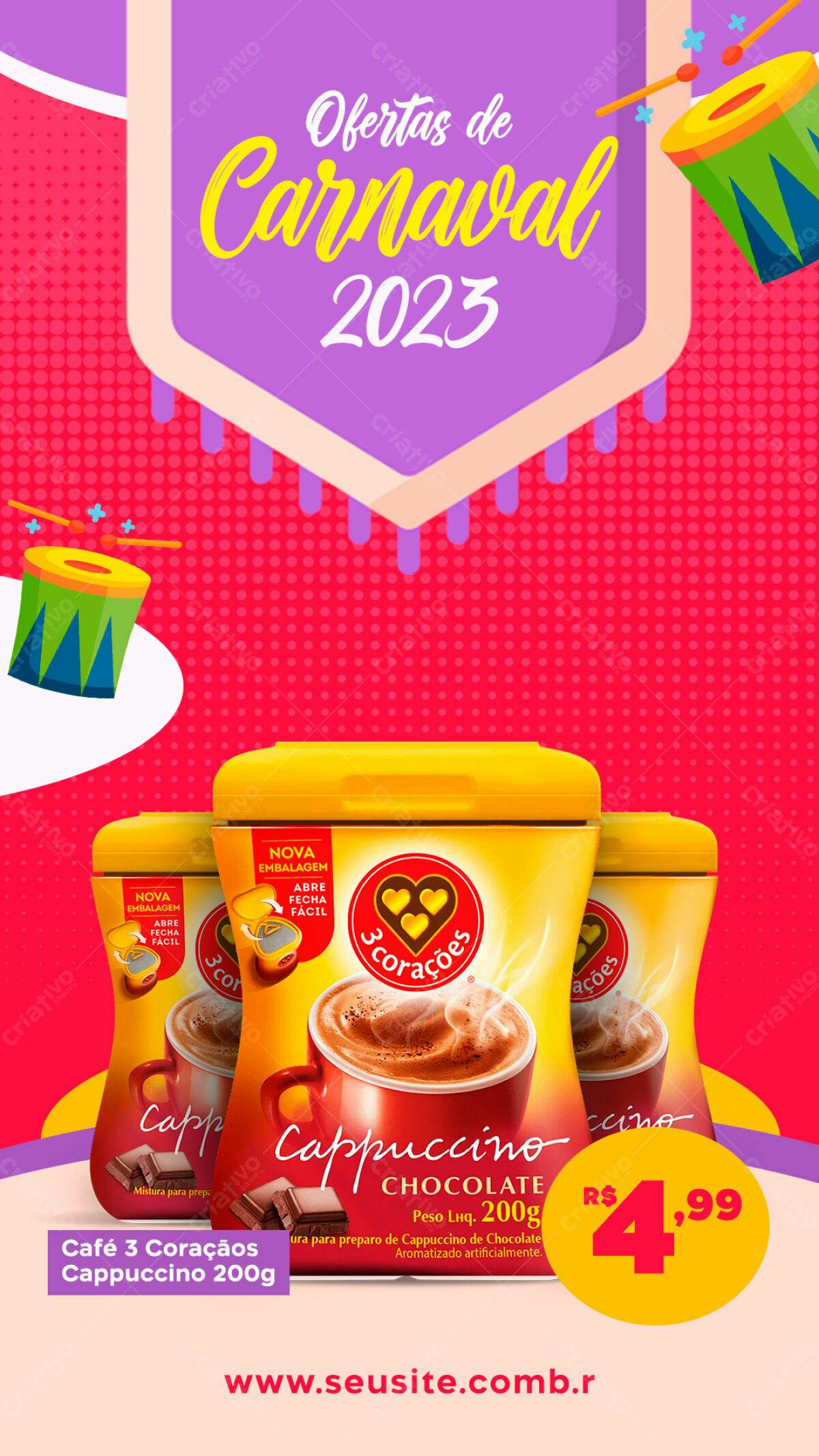 Flyer Carnaval 2023 com Ofertas de Café 3 Corações PSD Editável