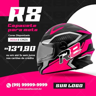 Capacete r 8 rosa e cinza equipamentos para motociclistas social media psd editável