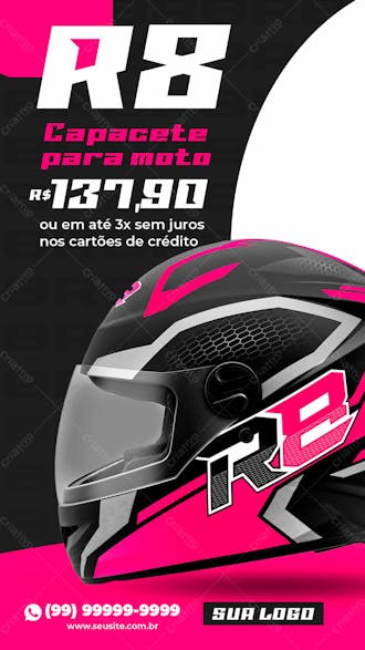 Story capacete r 8 rosa e cinza equipamentos para motociclistas social media psd editável