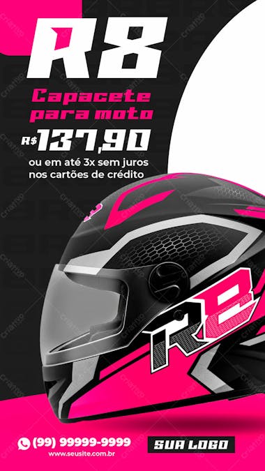 Story capacete r 8 rosa e cinza equipamentos para motociclistas social media psd editável