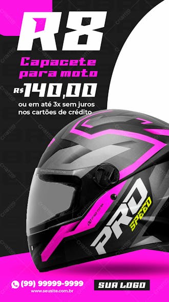 Story capacete r 8 roxo e cinza equipamentos para motociclistas social media psd editável