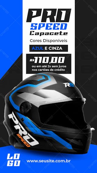 Story equipamentos para motociclistas capacete r 8 pro speed azul social media psd editável