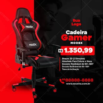 Cadeira gamer moobx vermelha conforto total social media psd editável