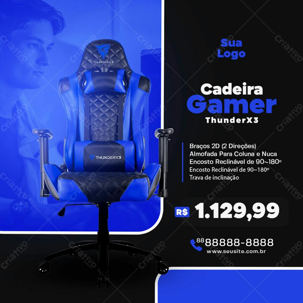 Cadeira Gamer Thunderx 3 Azul Social Media Psd Editável