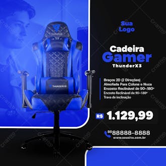 Cadeira gamer thunderx 3 azul social media psd editável