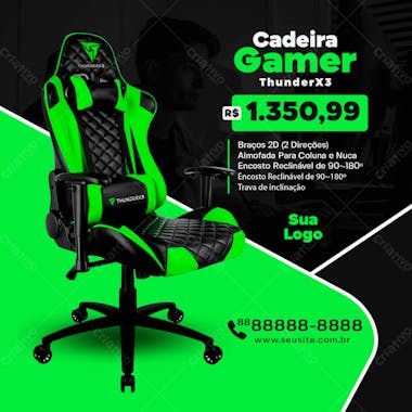 Cadeira gamer thunderx 3 em promoção post social media psd editável