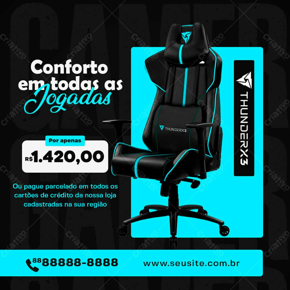 Flyer Cadeira Gamer Preto e Azul Turquesa PSD Editável
