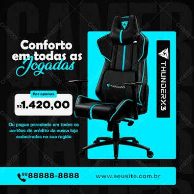 Conforto em todas as jogadas cadeira gamer thunderx 3 social media psd editável