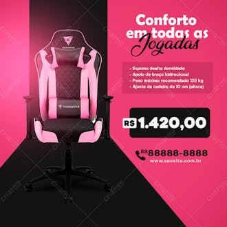 Jogue com conforto cadeira gamer thunderx 3 rosa social media psd editável