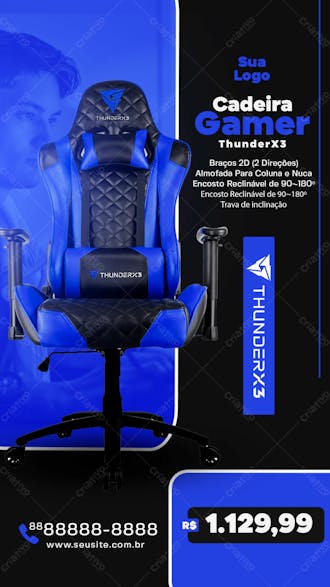 Story cadeira gamer thunderx 3 azul social media psd editável
