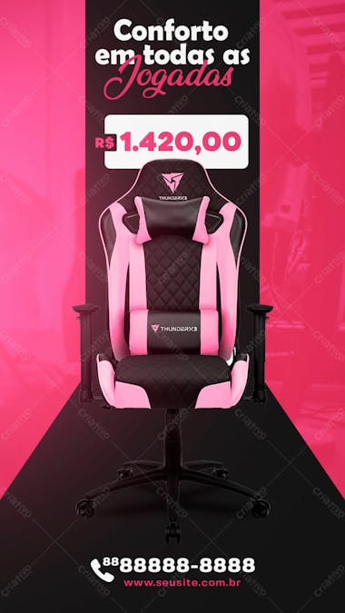 Story jogue com conforto cadeira gamer thunderx 3 rosa social media psd editável