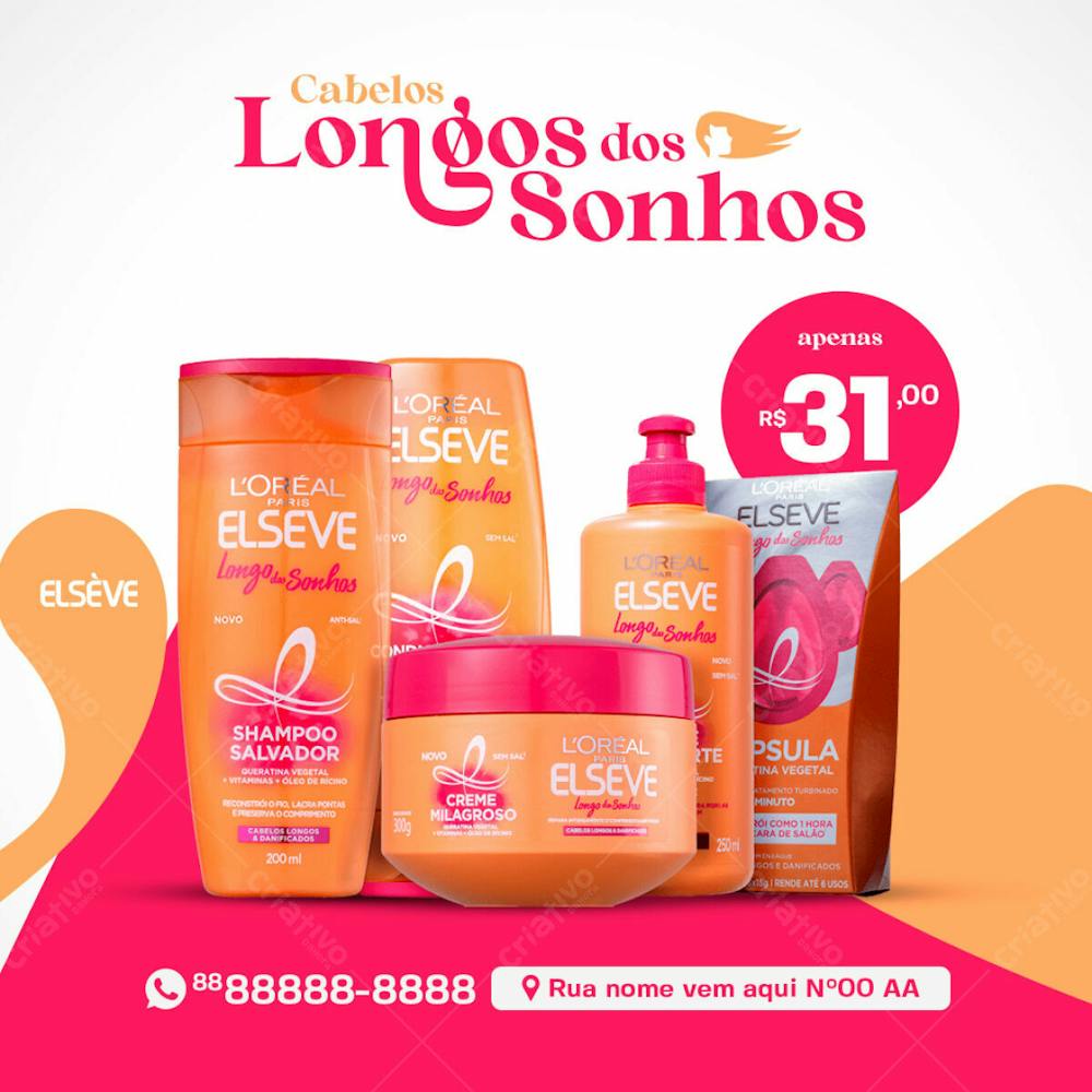 Cabelos Longos Dos Sonhos Elsève Produtos De Beleza Social Media Psd Editável