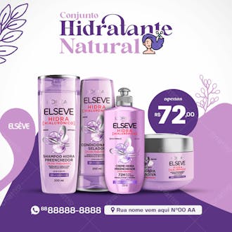 Conjunto hidratante natural elsève produtos de beleza social media psd editável
