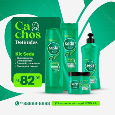 Kit seda cachos definidos produtos de beleza social media psd editável