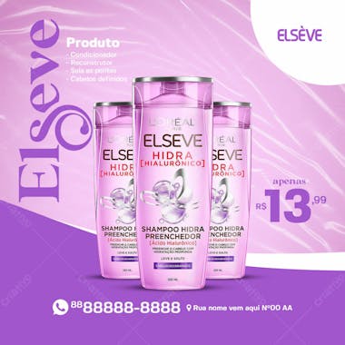 Shampoo hidratante elsève produtos de beleza social media psd editável