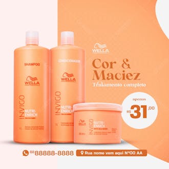 Tratamento capilar wella cor & maciez produtos de beleza social media psd editável