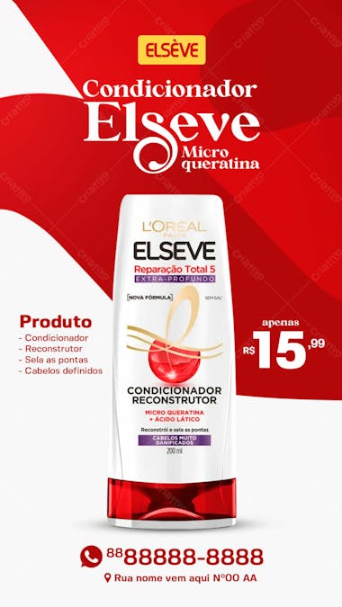 Stories condicionador e reconstrutor elsève produtos de beleza social media psd editável