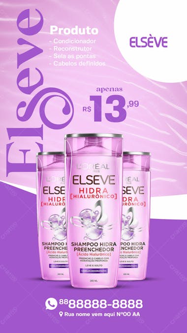 Stories shampoo hidratante elsève produtos de beleza social media psd editável