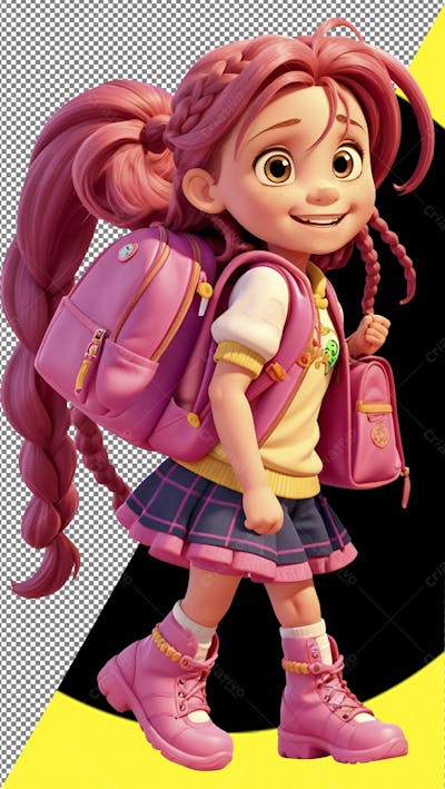 Volta Às Aulas 3D , menina feliz, tranças, mochilas, viagem, png