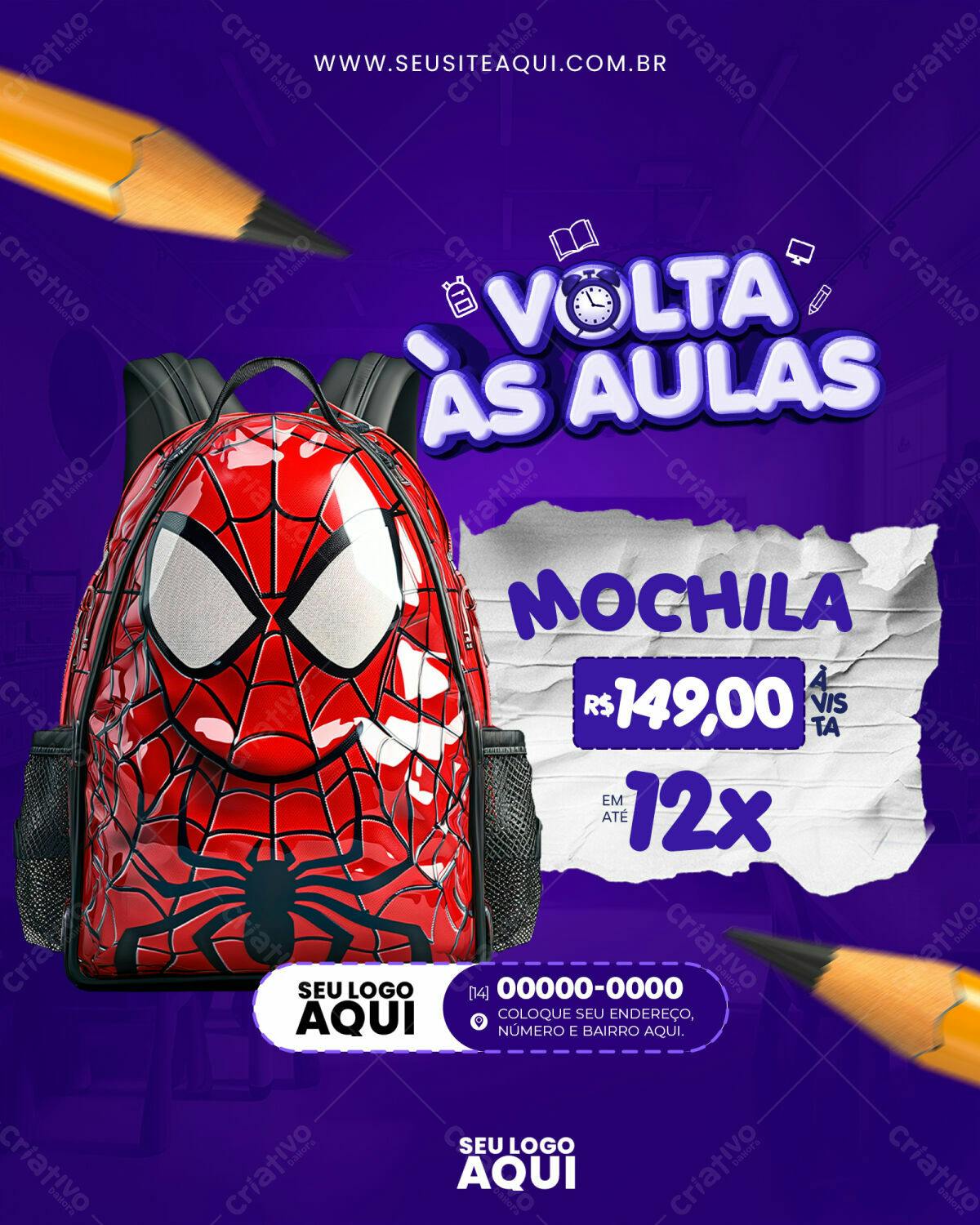 Flyer Volta às Aulas com Mochila Homem-Aranha PSD Editável