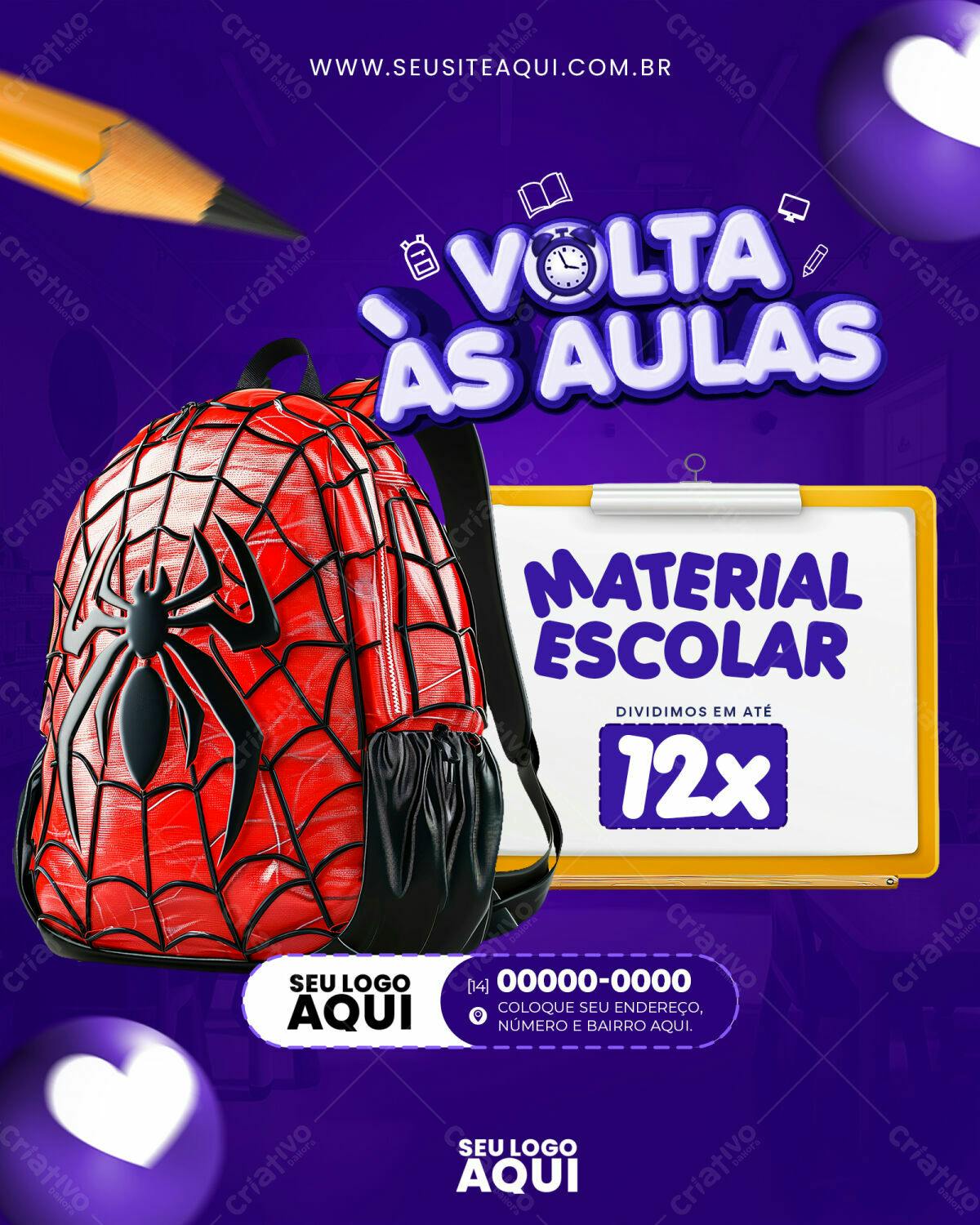 Flyer Volta às Aulas com Mochila Homem-Aranha PSD Editável