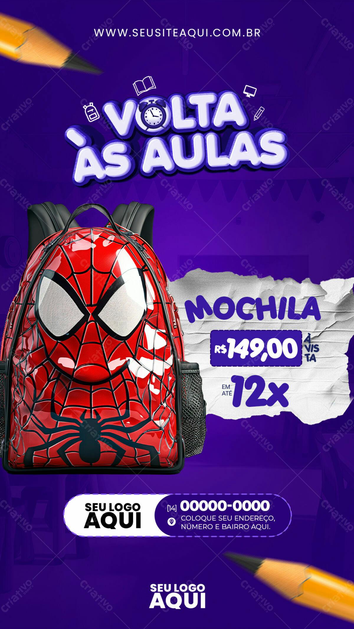 Flyer Volta às Aulas com Mochila Homem-Aranha PSD Editável