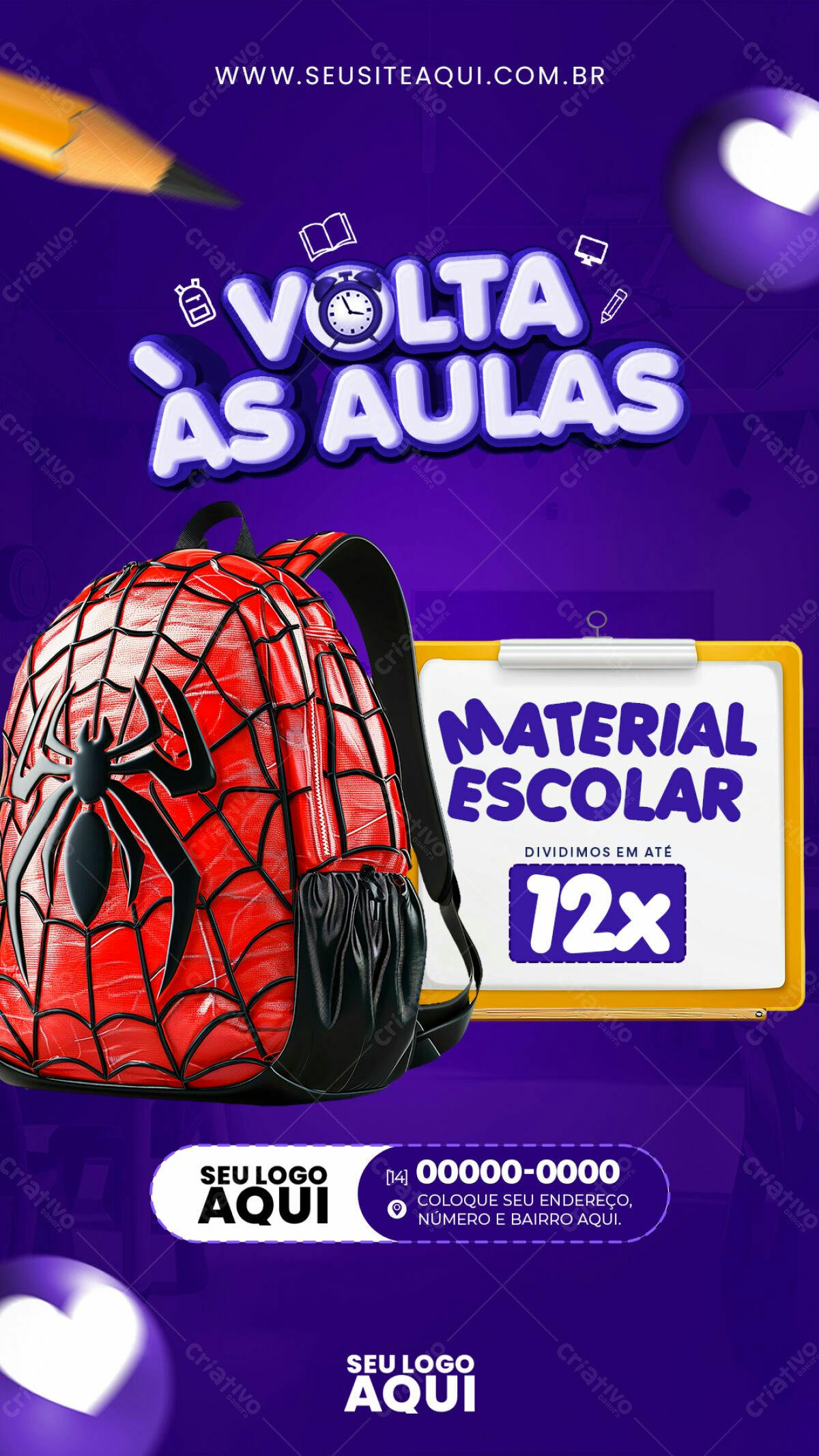 Flyer Volta às Aulas com Mochila do Homem-Aranha PSD Editável