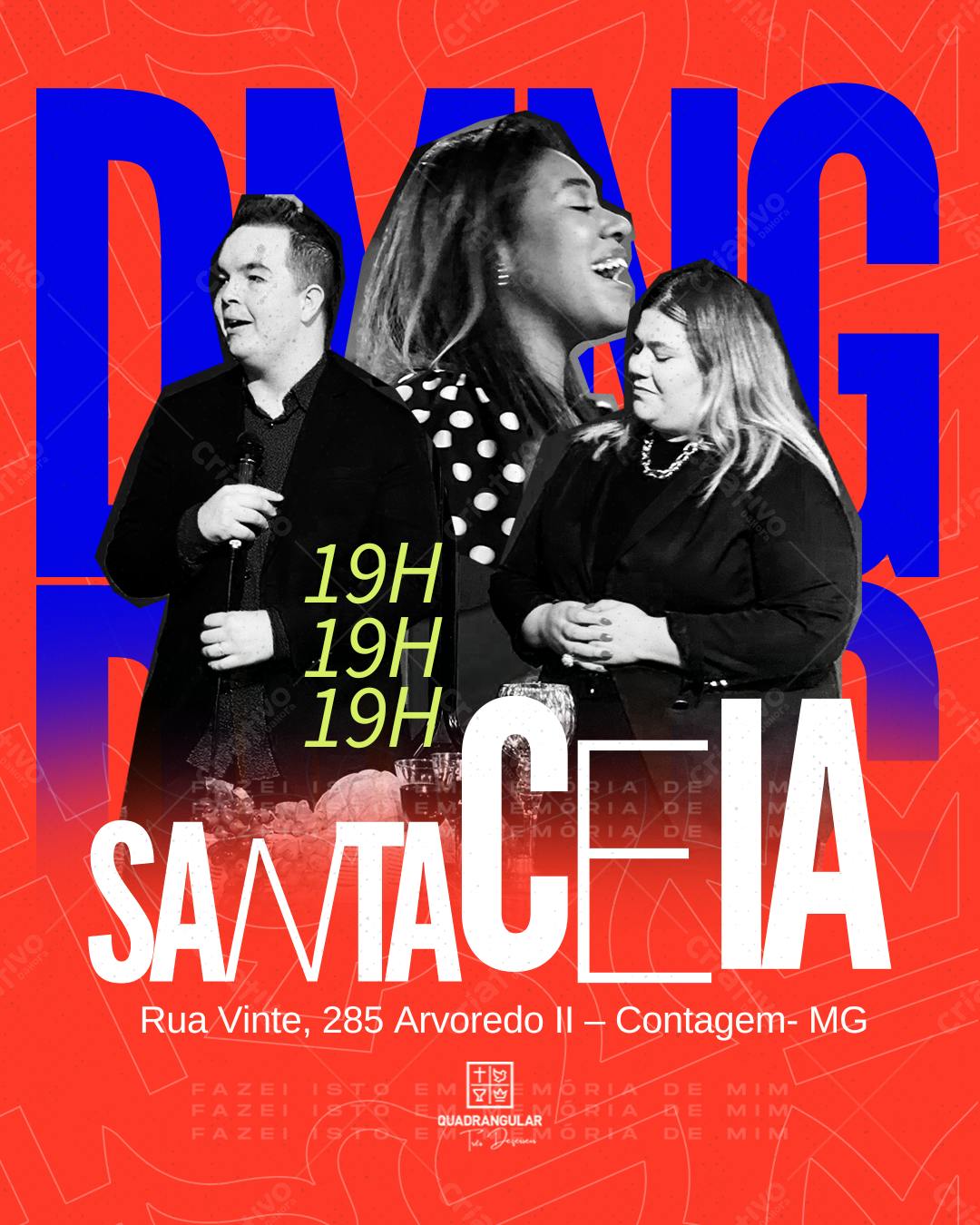 Flyer de evento gospel com fotos em preto e branco e fundo vermelho Editável no Canva